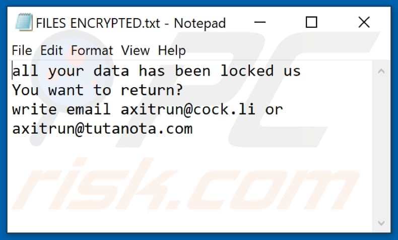 Fichier texte du ransomware 14x (FILES ENCRYPTED.txt)