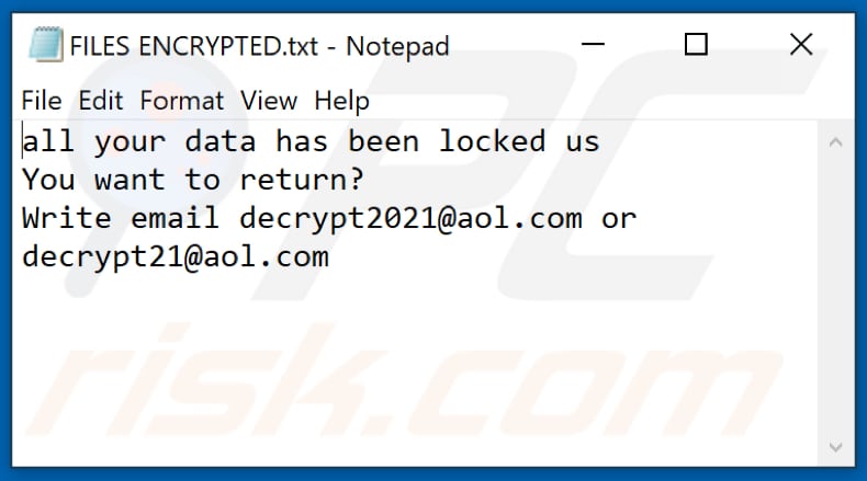 Fichier texte du ransomware 2021 (FILES ENCRYPTED.txt)