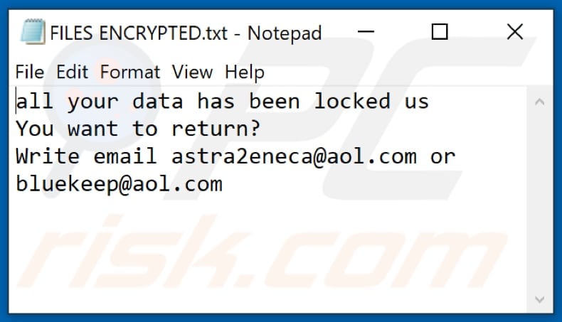 Fichier texte du ransomware AOL (FILES ENCRYPTED.txt)