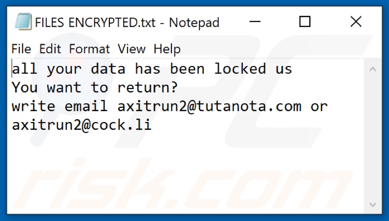 Fichier texte du ransomware AXI (FILES ENCRYPTED.txt)