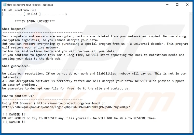 Instructions de déchiffrement de Babuk Locker (Comment restaurer vos fichiers.txt)