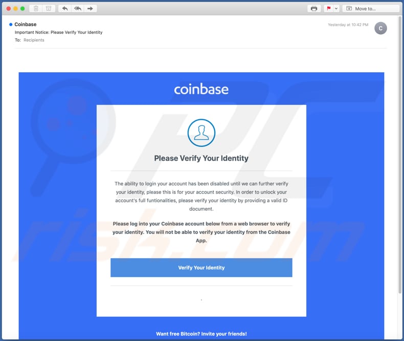 Campagne de spam par e-mail d'escroquerie par e-mail Coinbase