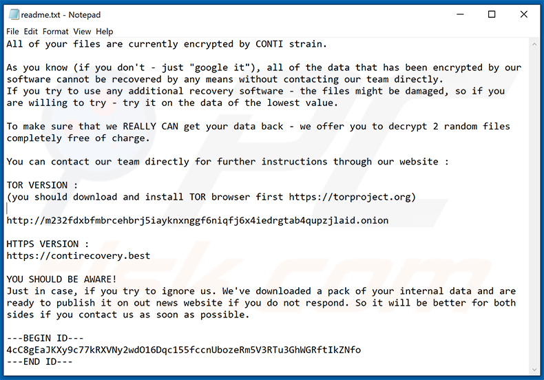 Demande de rançon CONTI (KKBKR) (readme.txt)