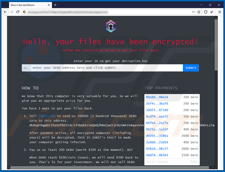 Site Web de DeroHE ransomware Tor