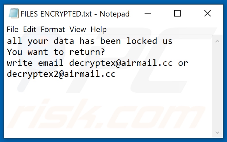 Fichier texte du rançongiciel Dexx (FILES ENCRYPTED.txt)