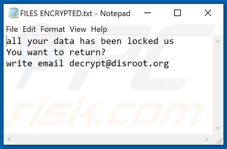 Fichier texte du ransomware Dis (FILES ENCRYPTED.txt)