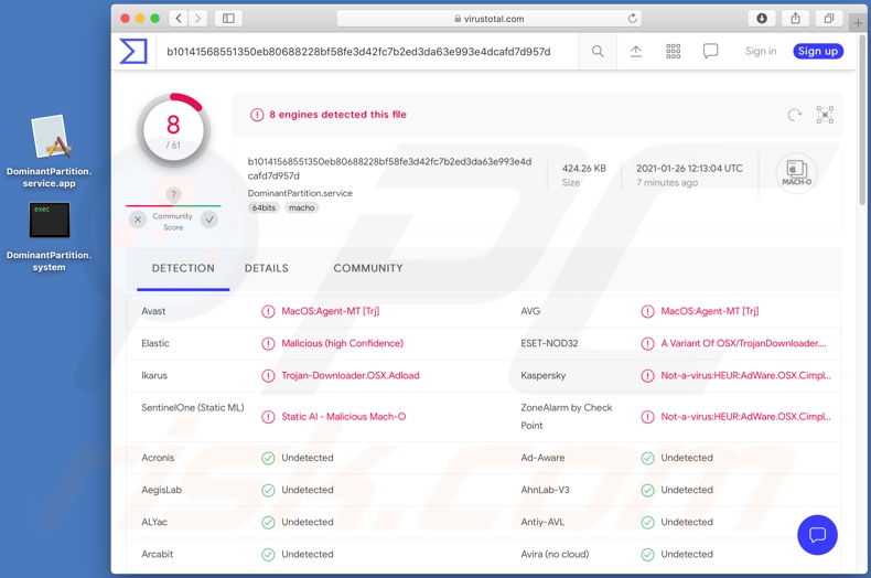 Détections de logiciels publicitaires DominantPartition sur VirusTotal