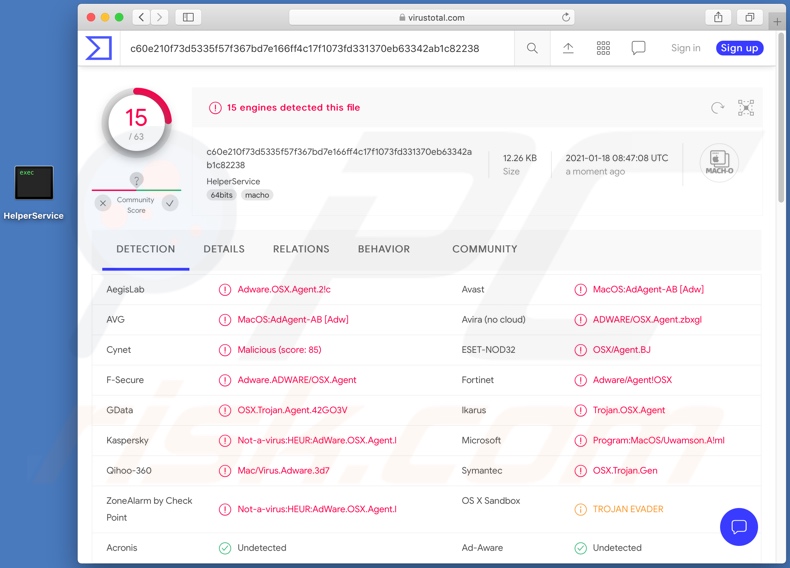 Détections de logiciels publicitaires HelperService sur VirusTotal