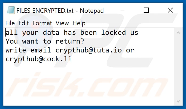 Fichier texte du ransomware Hub (FILES ENCRYPTED.txt)