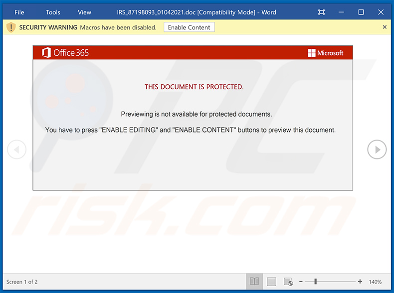Document MS Word malveillant utilisé pour propager le logiciel malveillant Emotet (distribué via des e-mails de spam sur le thème de l'IRS)