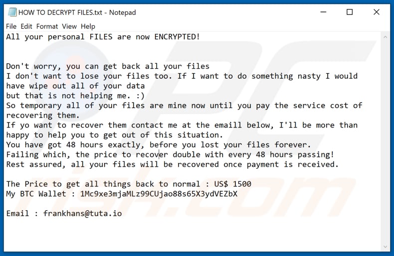 Verrouille le fichier texte du ransomware (COMMENT DÉCRYPTER LES FICHIERS.txt)