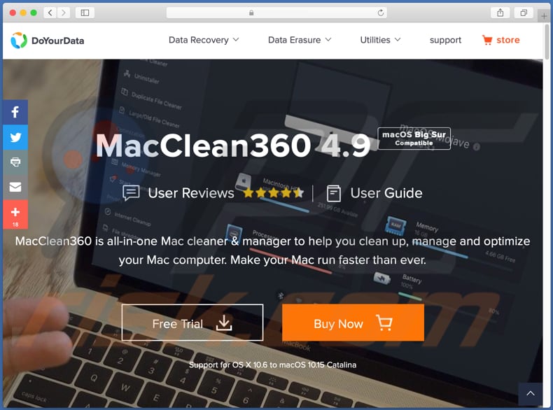 Site Web utilisé pour promouvoir MacClean360 PUA