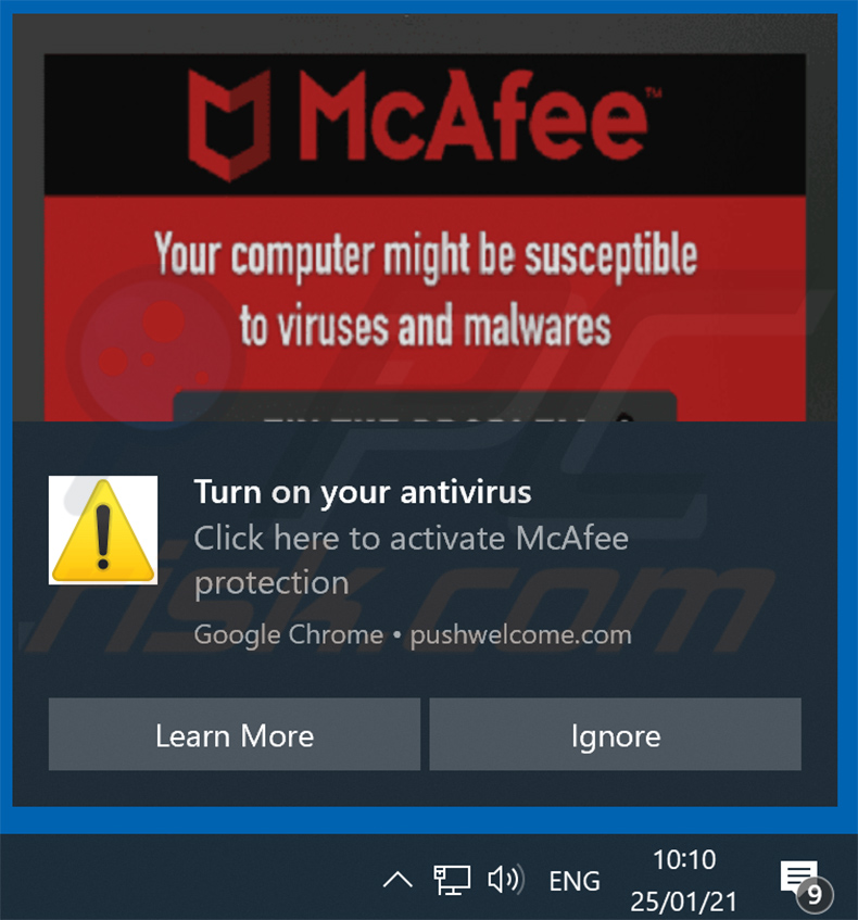 Notification de navigateur faisant la promotion de l'arnaque à l'abonnement McAfee
