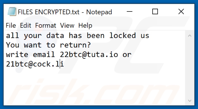 Note textuelle du ransomware 22btc (FILES ENCRYPTED.txt)