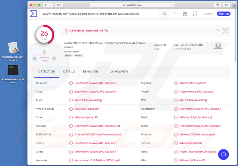 Détections de logiciels publicitaires ApolloSearch sur VirusTotal