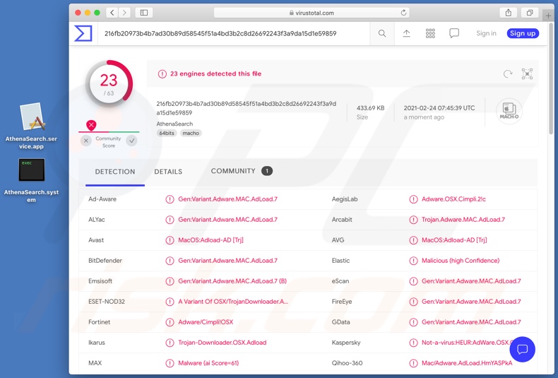 Détections de logiciels publicitaires AthenaSearch sur VirusTotal