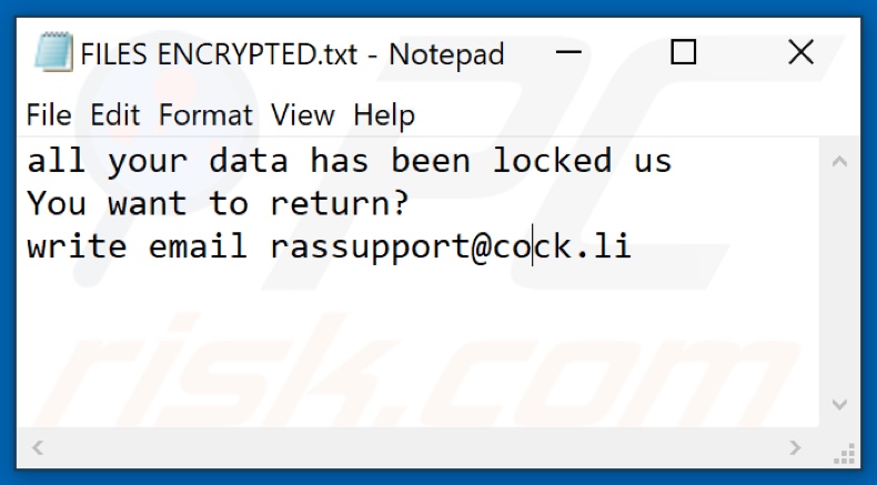 Fichier texte du ransomware BK (FILES ENCRYPTED.txt)