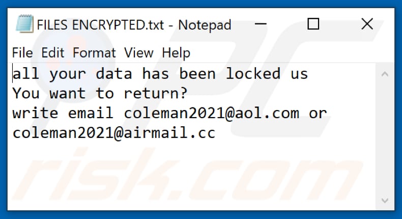 Fichier texte du rançongiciel Clman (FILES ENCRYPTED.txt)