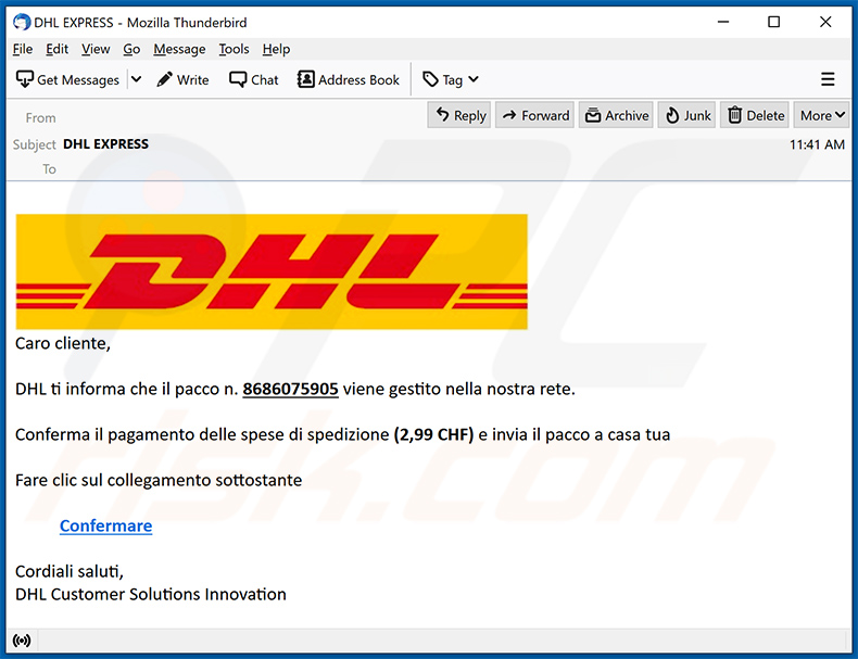 Variante italienne du courrier indésirable DHL Express