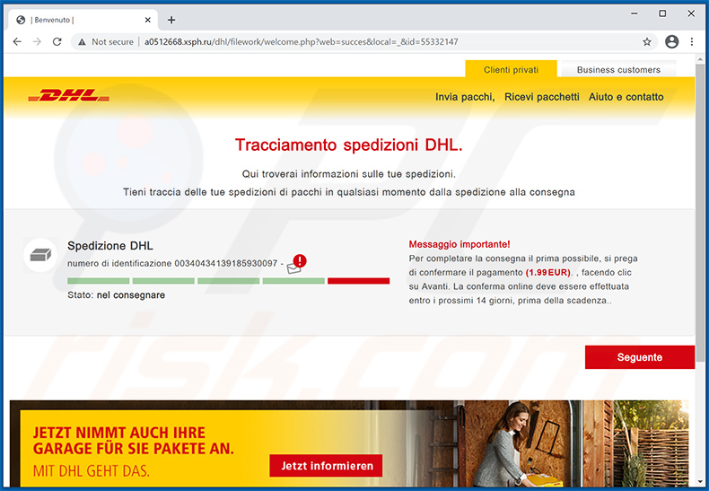 Faux site Web de DHL promu via la variante italienne du courrier indésirable de DHL Express