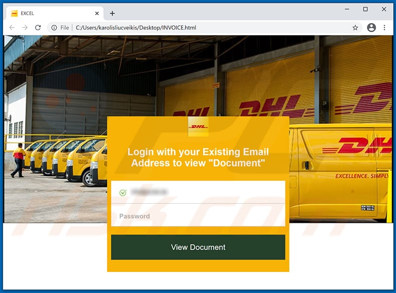 Fichier HTML imitant le site de connexion DHL utilisé à des fins de phishing