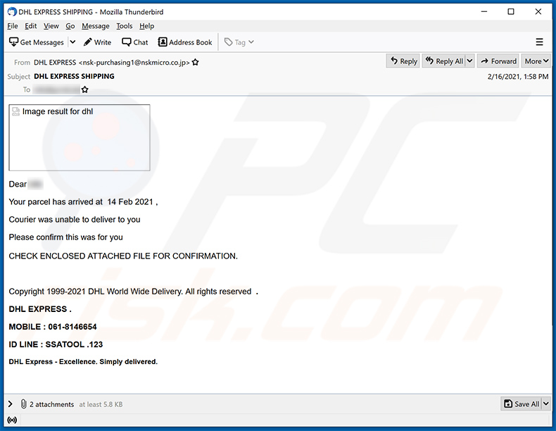 Courriel de spam DHL Express (2021-02-18)