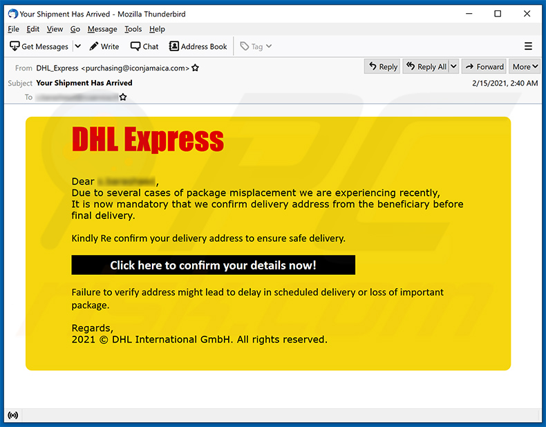 E-mail de spam DHL Express faisant la promotion d'un site de phishing (2021-02-18)