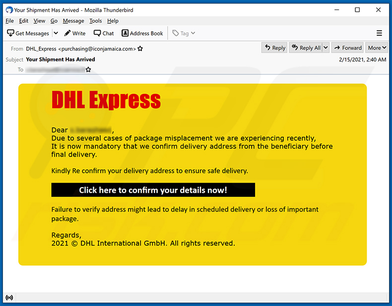 E-mail de spam DHL Express faisant la promotion d'un site de phishing (2021-02-18)