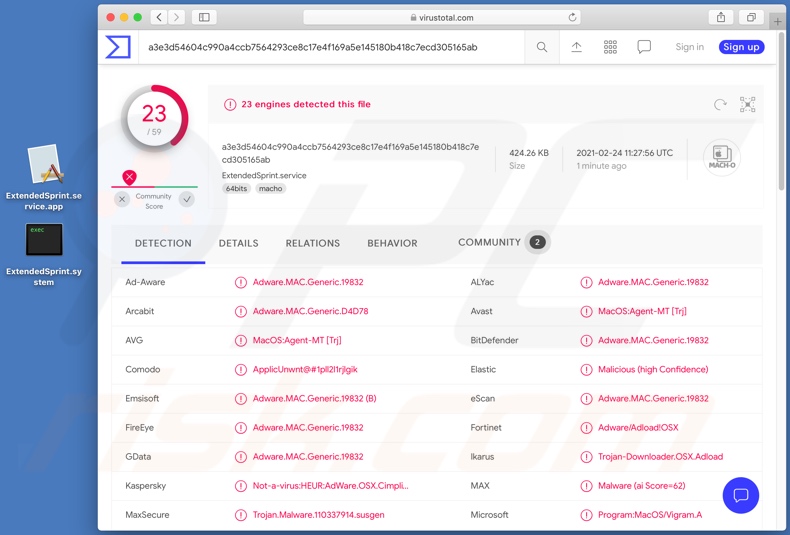 Détections de logiciels publicitaires ExtendedSprint sur VirusTotal