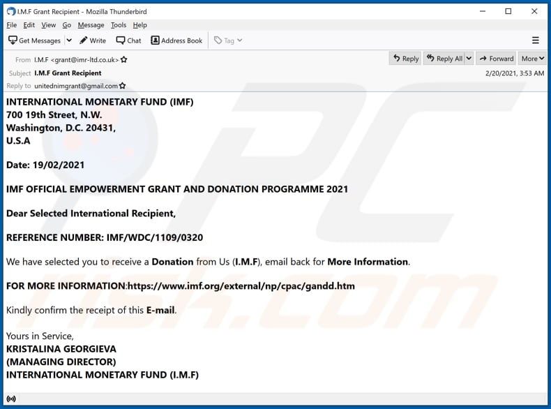 Escroquerie par courrier électronique au FONDS MONÉTAIRE INTERNATIONAL (FMI)