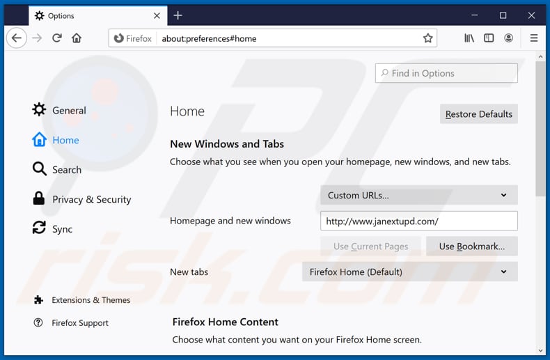 Suppression de janextupd.com de la page d'accueil de Mozilla Firefox