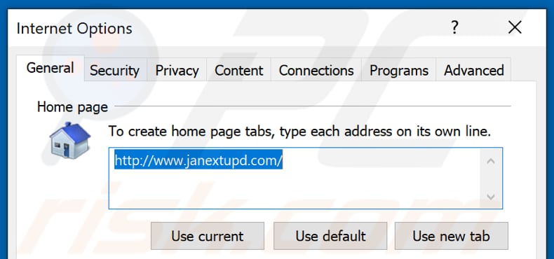 Suppression de janextupd.com de la page d'accueil d'Internet Explorer