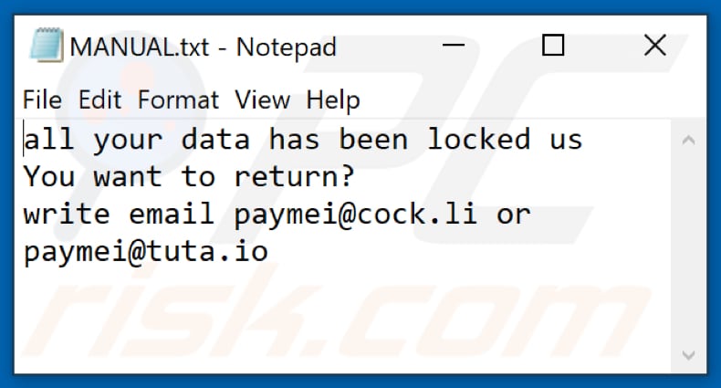 Fichier texte du ransomware LOTUS (MANUAL.txt)