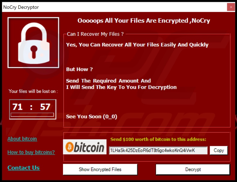 NoCry ransomware demande de rançon (pop-up)