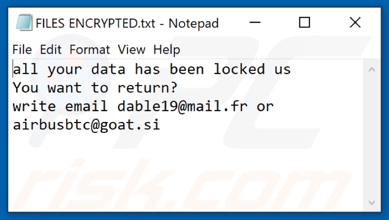 Fichier texte du ransomware OVO (FILES ENCRYPTED.txt)