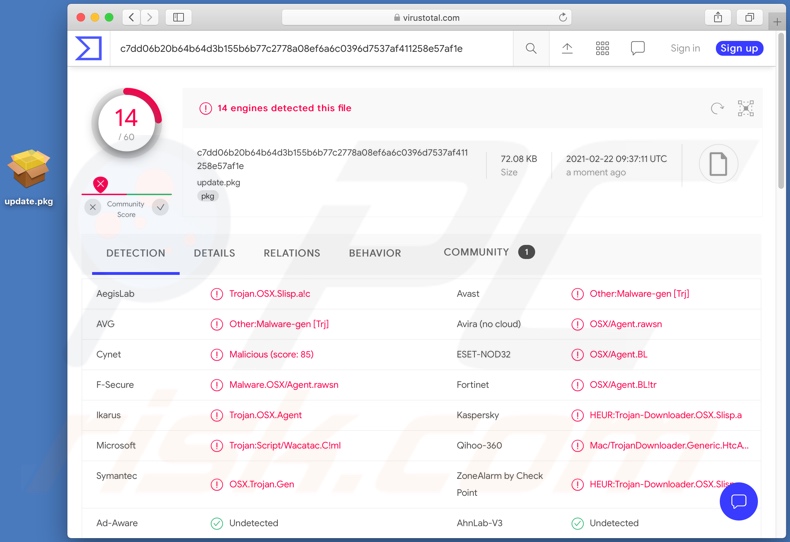 Détections du programme d'installation de variantes alternatives du malware Silver Sparrow sur VirusTotal