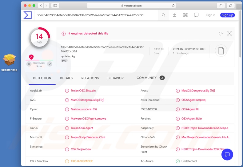 VirusTotal des détections d'un programme d'installation contenant une variante du malware Silver Sparrow