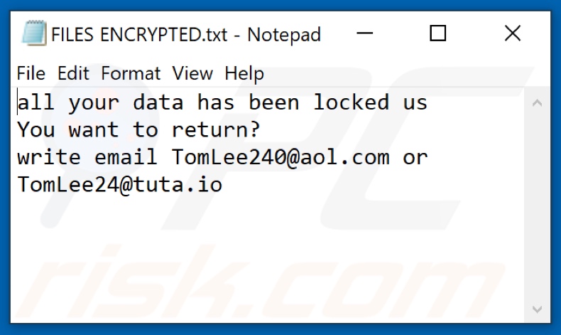 Fichier texte du ransomware TomLe (FILES ENCRYPTED.txt)