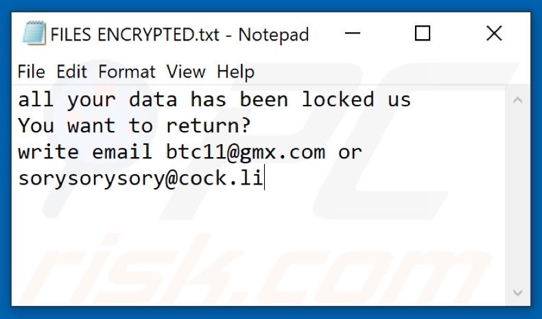 Fichier texte du ransomware WCG (FILES ENCRYPTED.txt)