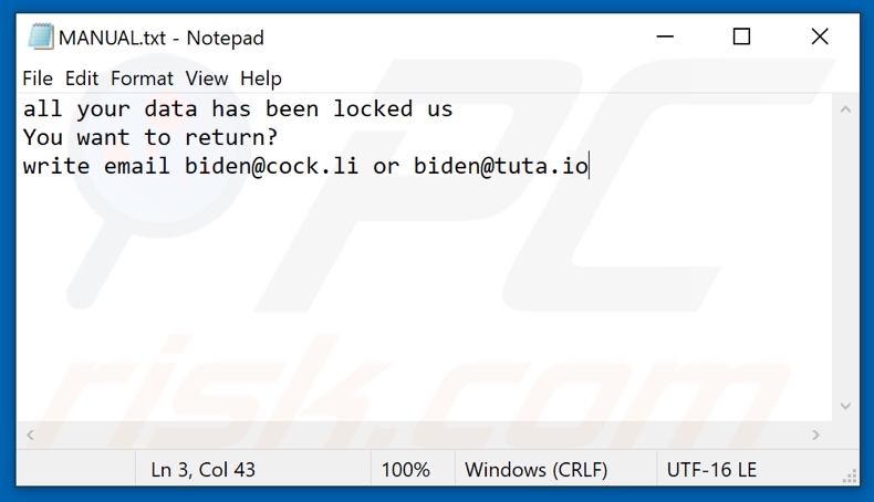 Fichier texte du rançongiciel Biden (MANUAL.txt)