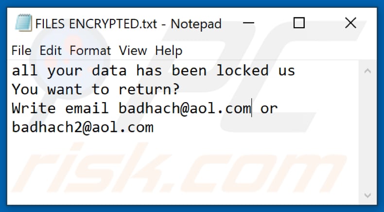 Fichier texte du rançongiciel BQD2 (FILES ENCRYPTED.txt)