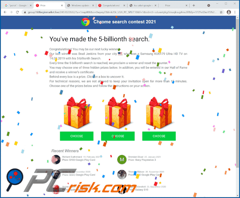 Apparition de l'arnaque du concours de recherche Chrome 2021 (GIF)