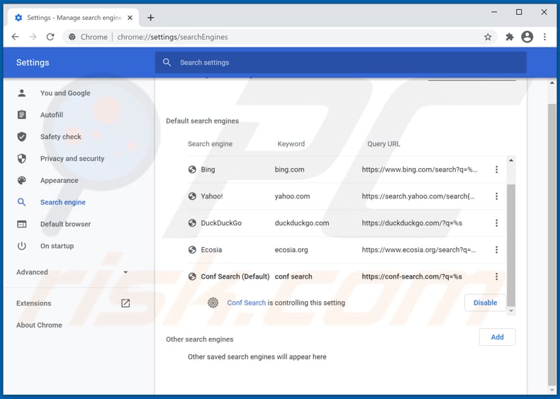 Suppression de conf-search.com du moteur de recherche par défaut de Google Chrome