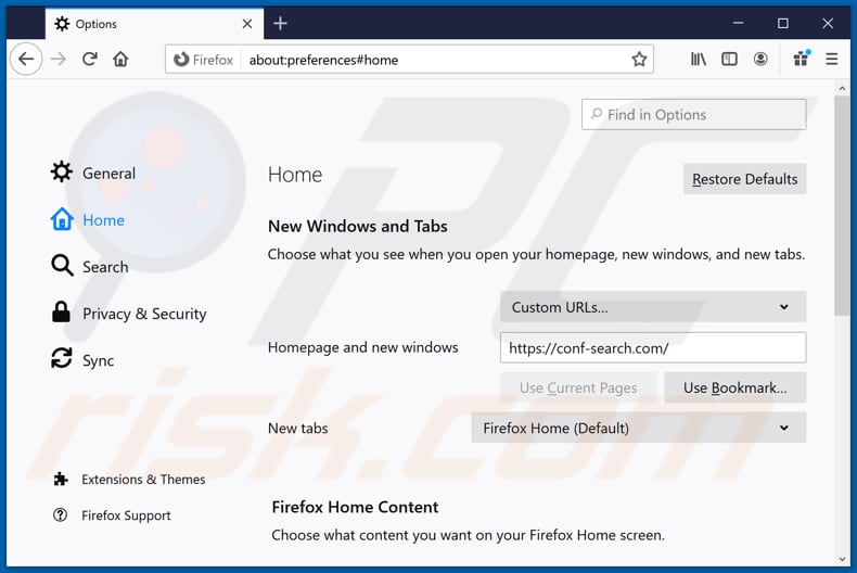 Suppression de conf-search.com de la page d'accueil de Mozilla Firefox