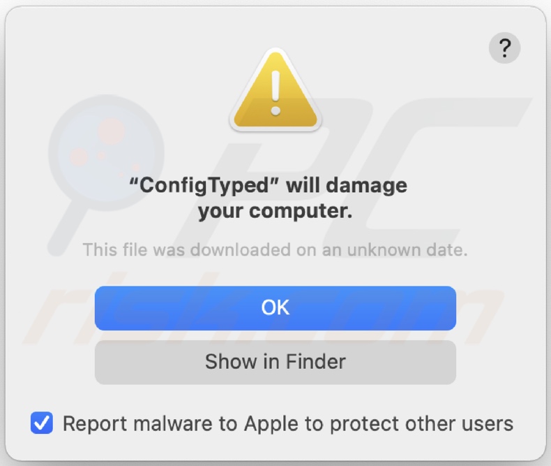 Pop-up affiché lorsque l'adware ConfigType est installé