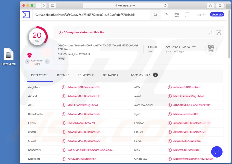 Détections de logiciels publicitaires Convuster sur VirusTotal