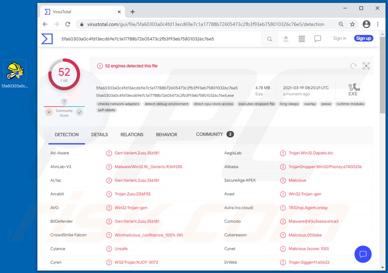 Détections de logiciels malveillants CopperStealer sur VirusTotal