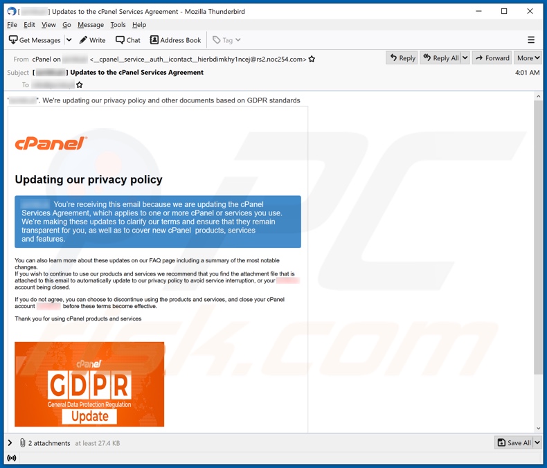 Variante de l'e-mail frauduleux cPanel