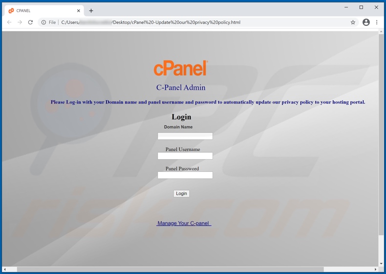 Pièce jointe de phishing par e-mail cPanel